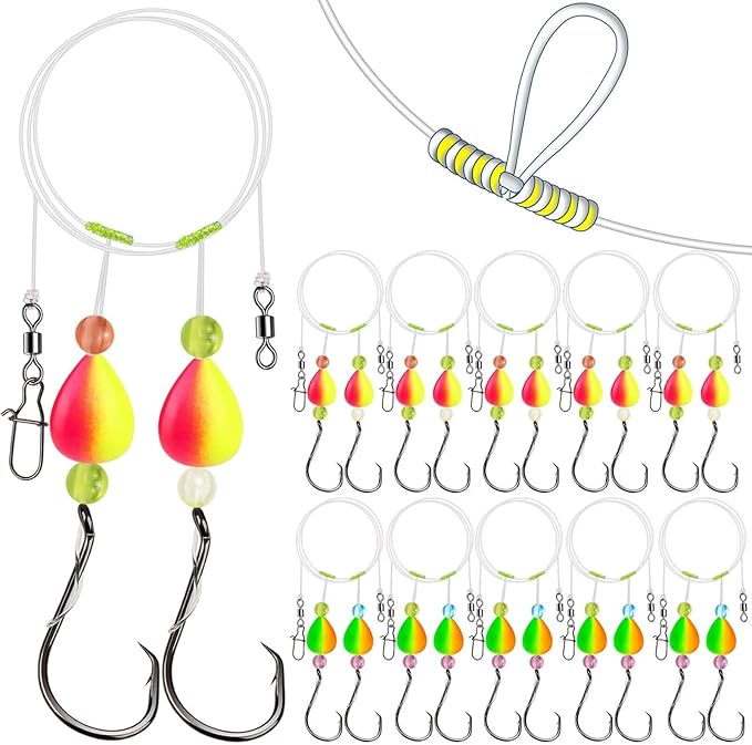 Dovesun 10PCS/4PCS Pompano Rigs for Surf Fishing Saltwater Fishing Rigs with Floats and Beads Unique Double-Line T-Knot Pre-Rigged Surf Fishing Gear & Tackle with Circle Hooks