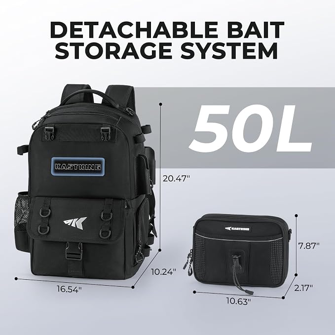 KastKing BaitSpace Fishing Tackle Backpack with Removable Bait Binder,2 Rod Holders Storage Fishing Gear and Equipment