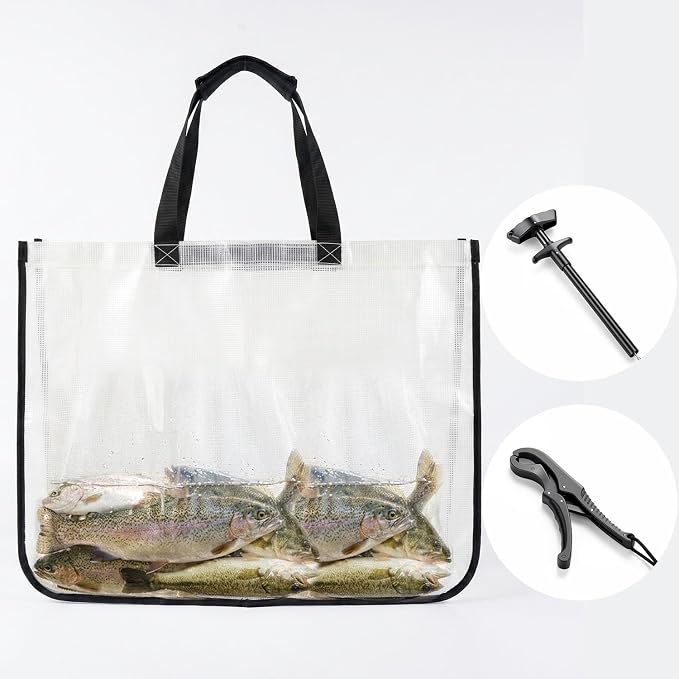 3-In-1 Fish Tote Fishing Tournament Weigh In Bag Fish Thick Durable Clear Poly Mesh Bag Leakproof Tear Resistant Tote 24'' x 18.5'', w/ 9" Floating Fish Lip Gripper & Hook Remover