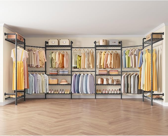 Timate U3 U Shape Garment Rack Heavy Duty Clothes Rack for Hanging Clothes, Expandable Industrial Pipe Clothing Rack Wall Mounted Closets L Shaped Wardrobe Closet System, Large Closet Kit, Black