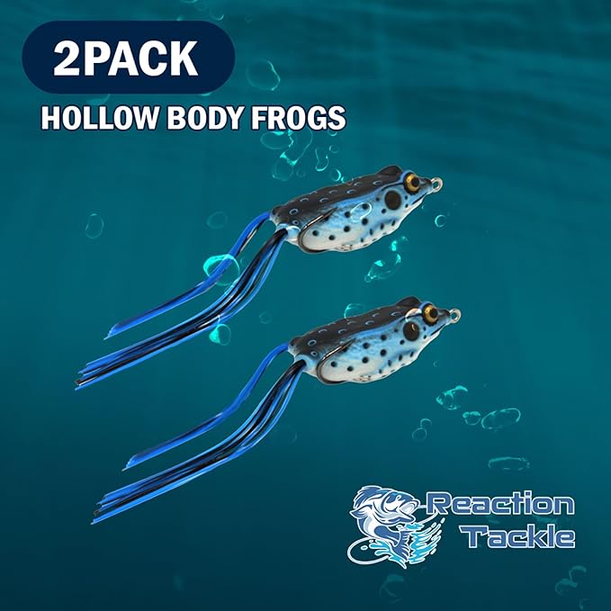 Reaction Tackle Hollow Body Frogs for Bass Fishing - Ultra Realistic Weedless Top Water Frog Lure for Bass, Snakehead, Pike and More - Floating Topwater Fishing Lures - 2 Pack
