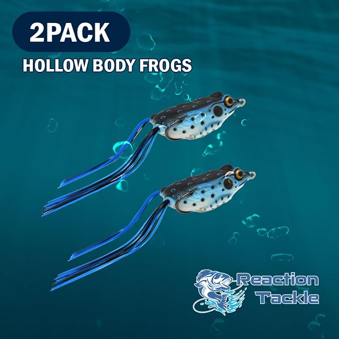 Reaction Tackle Hollow Body Frogs for Bass Fishing - Ultra Realistic Weedless Top Water Frog Lure for Bass, Snakehead, Pike and More - Floating Topwater Fishing Lures - 2 Pack