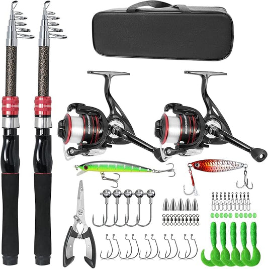 Carbon Fiber Fishing Pole Combo Set -2PACK 2.1m/6.89ft Spinning Reel, 57pcs Accessories Kit for Saltwater & Freshwater Fishing for Bass