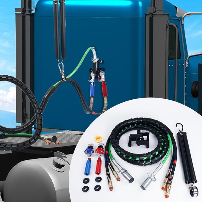 KOOTANS 12FT Semi Truck Air Line Kit with Gladhands, Handles, Holder, Tender Spring Kit 3 in 1 Air Brake Hoses and 7 Way Trailer Cord Air Lines Set for Semi Truck Trailer Tractor
