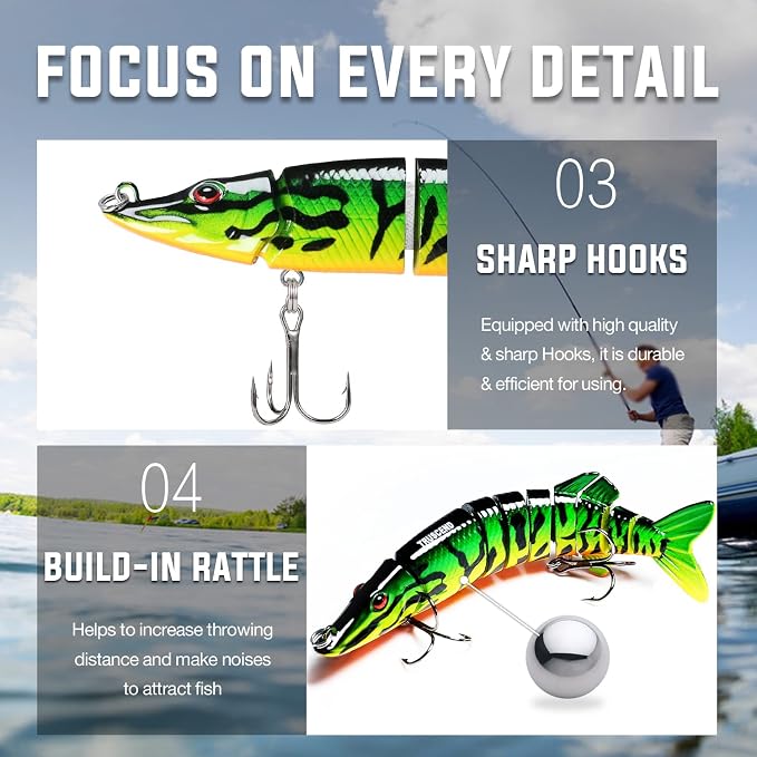 TRUSCEND Swimmax Easy Catch Fishing Lures with BKK Hooks, Wiggling, Vibrating, Rattling and Gurgling for More Bite, Heavy-Duty Dyneema Fiber Jointed Swimbaits for Bass, Trout, Walleye, Crappie, Pike