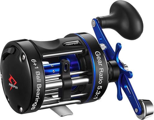 Piscifun Chaos XS Baitcasting Fishing Reel, Reinforced Metal Body Round Baitcaster Reel, Smooth Powerful Saltwater Inshore Surf Trolling Reel, Conventional Reel for Catfish, Musky, Bass, Pike