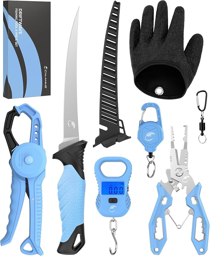 Calamus DriftWave Fishing Tool Kit – Corrosion Resistant Pliers, Lip Gripper with Soft Retractable Measuring Tape, Filet Knife, Pocket Knife，Fishing Scale, Retractor & Glove, Fishing Gifts for Men
