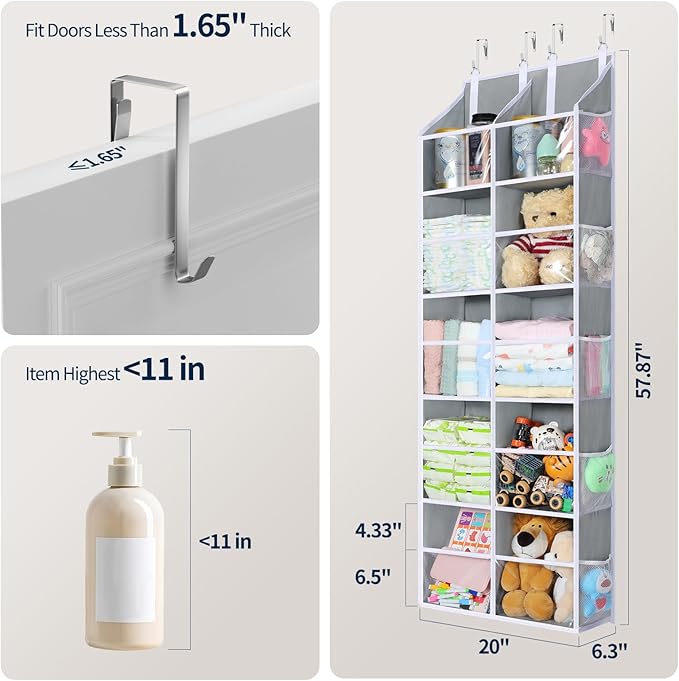 Yecaye 80lb Clear Door Hanging Yarn Storage Organizer, 10 Large Plastic Pockets & 10 Mesh Pockets Over The Door Crochet Organizer, 5 Tier Yarn Ball Storage for Knitting Needles, Gray