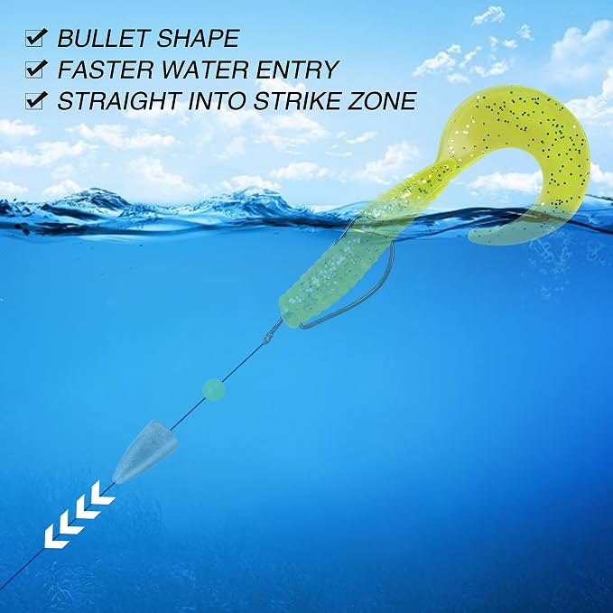 Fishing Weights Sinkers, 50pcs Bullet Fishing Sinkers Worm Weights Slip Sinkers Sliding Fishing Weight for Bass Fishing Pitching and Flipping Texas Rig Saltwater Freshwater Fishing Tackle