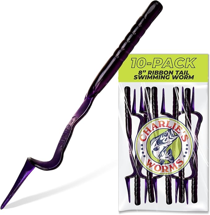 Charlie's Worms Artificial Fishing Bait 8" Ribbon Tail Swimming Worm, Freshwater Saltwater Bass Soft Lures Scented 10pk