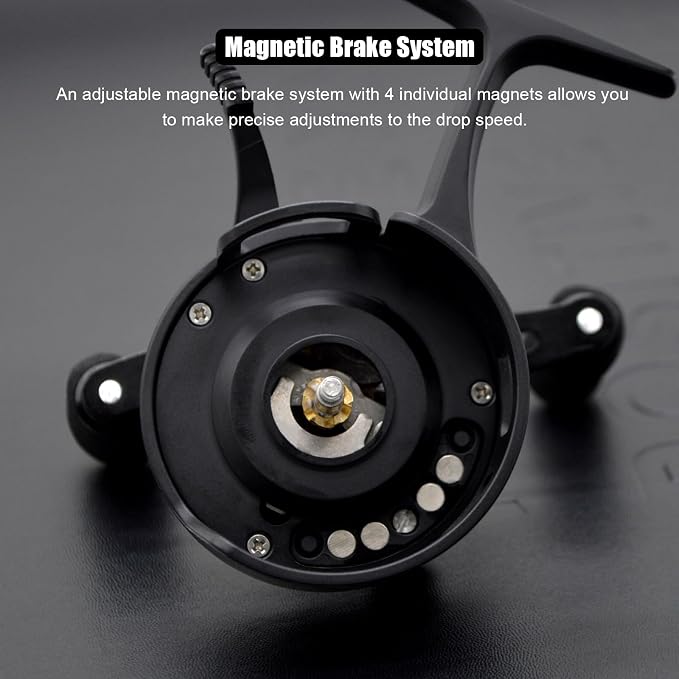Inline Ice Fishing Reel, 3.2:1 High Speed Gear Ratio, 3+1 Anti-Reverse Ball Bearings, Magnetic Brakes, Lightweight Graphite Frame with a CNC Aluminum Spool for Winter Fishing