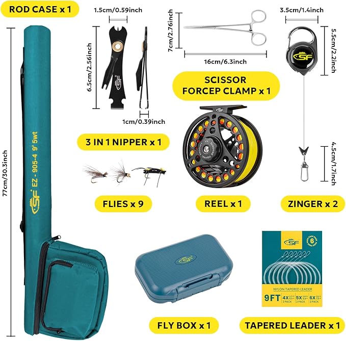 SF Fly Fishing Rod Combo Starter Kit Semi Gloss Green Jade Finish 24T Carbon Fiber Trout Travel Fly Rod with Reel,Fly Rod case,Fly Box , Flies,Tapered Leader,Knot Tying Tools