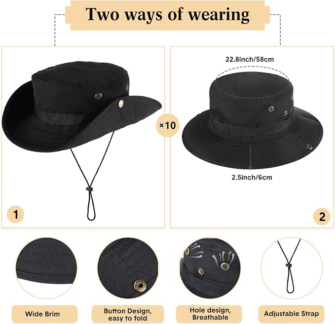 Xtinmee 10 Pcs Bucket Hat Bulk Safari Hat Wide Brim Boonie Hiking Fishing with Chin Strap for Women Men Adult Summer