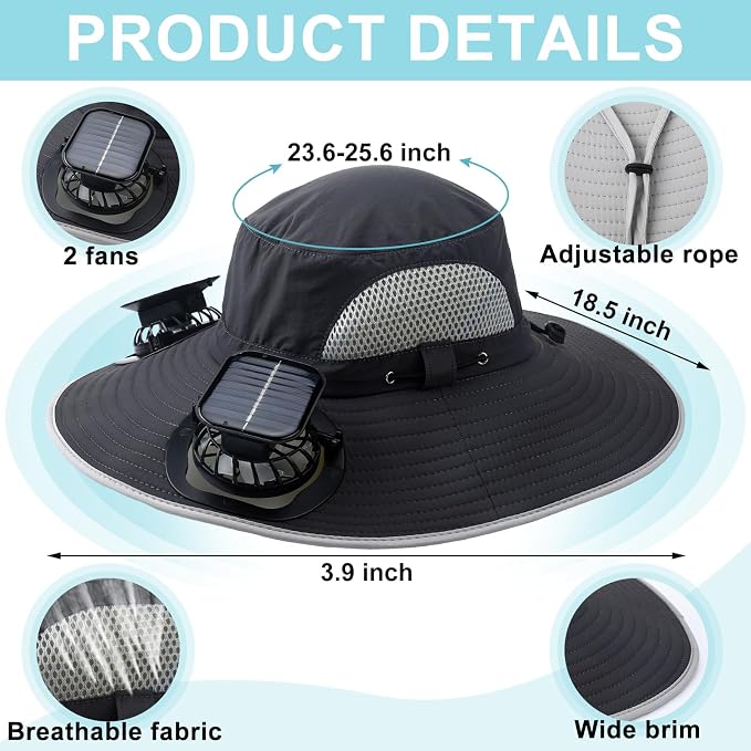 Glitopper 2 Set Wide Brim Solar Fan Hats with 2 Solar Fan and Arm Sleeves Set Outdoor Fishing Bucket Hat for Men Women Hiking