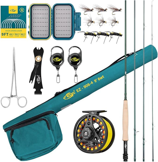 SF Fly Fishing Rod Combo Starter Kit Semi Gloss Green Jade Finish 24T Carbon Fiber Trout Travel Fly Rod with Reel,Fly Rod case,Fly Box , Flies,Tapered Leader,Knot Tying Tools