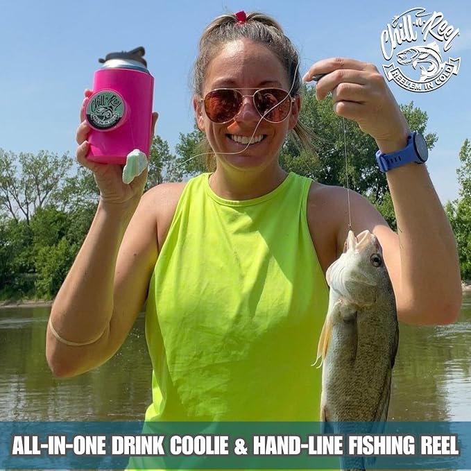 Made in USA | Fishing Can Cooler from Shark Tank | Hard Shell Drink Holder with Hand Line Reel | Fits Most Can Sleeves or Coozies | Unique Fishing Gift for Men | Retail Box Packaging | Pink