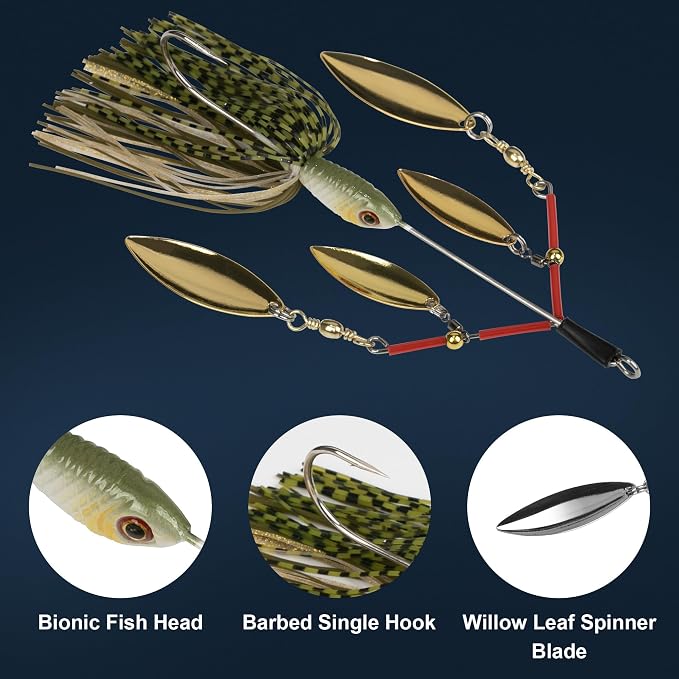 5 Pcs Bass Spinner Baits, Fishing Lures with Skirt, Metal Blade Spinnerbait for Trout, Salmon, Pike, and Predatory Fish