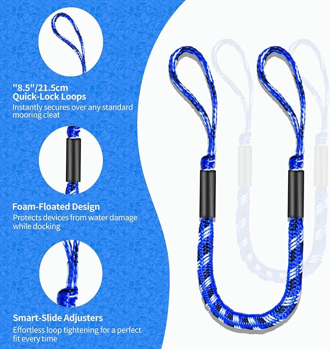 2-Pack Bungee Dock Lines for Boats with Loops, Boat Tie Downs for Docking, Adjustable Boat Mooring Rope for Pontoon, Jon Boat & PWC (Blue, Black & White, 4 FT)
