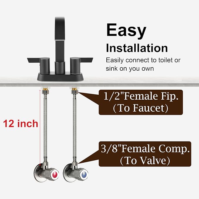 Midanya Faucet Supply Lines,12" Stainless Steel Braided Water Supply Line, 1/2" FIP x 3/8" COMP Faucet Hose, Faucet Hose Connector x 2 Pcs (1 Pair)
