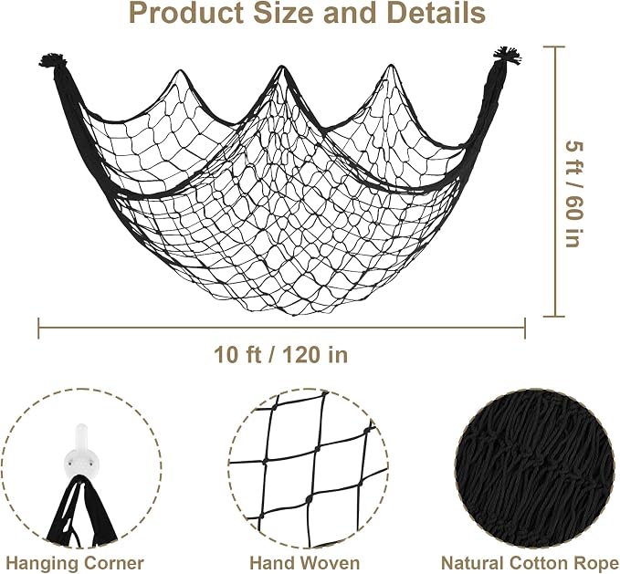 10x5 Feet X-Large Fish Net Decorations for Party - 2 Pack Black Fishing Net Decor for Halloween Gothic Pirate Party, 3mm Cotton Decorative Netting Table Runner Photo Display Backdrop Wall Decor