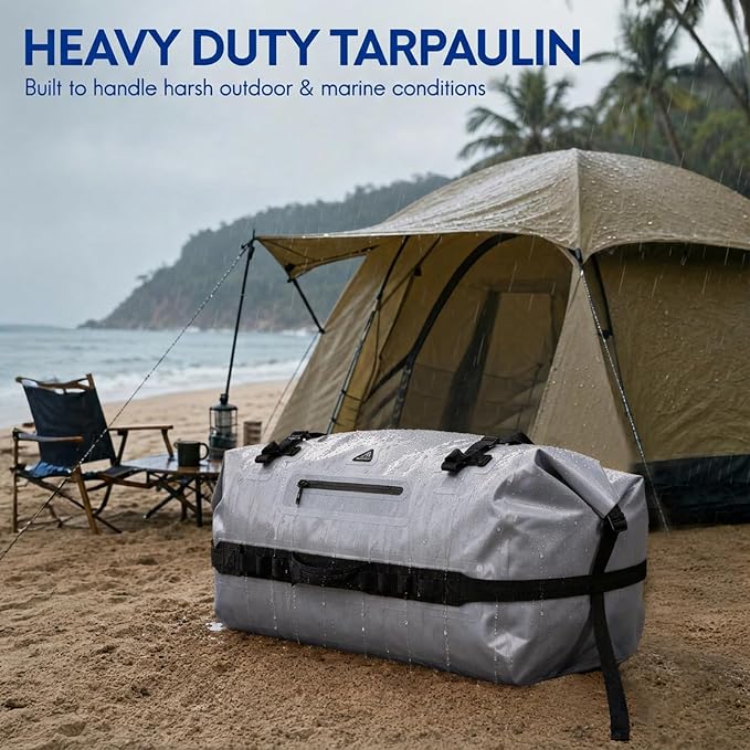Haimont IPX7 Waterproof Roll-Top Dry Duffel Backpack | 60L/90L Sizes, 500D Tarpaulin, Welded Seams, Mesh Pockets, Boating & Kayaking