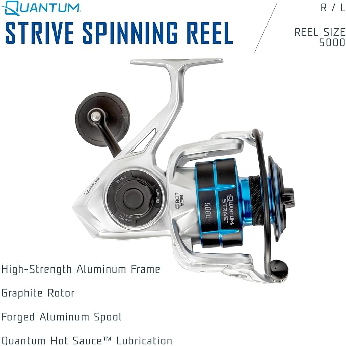Quantum Strive Spinning Fishing Reel, Rigid Aluminum Frame, Graphite Rotor, Sealed Design, CFX200 Carbon Fiber Xtreme Drag, Silver/Blue