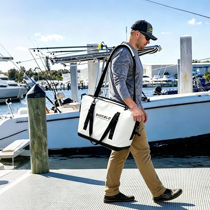 Buffalo Gear Fish Cooler Bag – 24Qt Seamless Insulation Kill Bag, Keeps Ice Cold Up to 36 Hours, Foldable & Waterproof with Rod Attachment Straps & Gear Loops, White