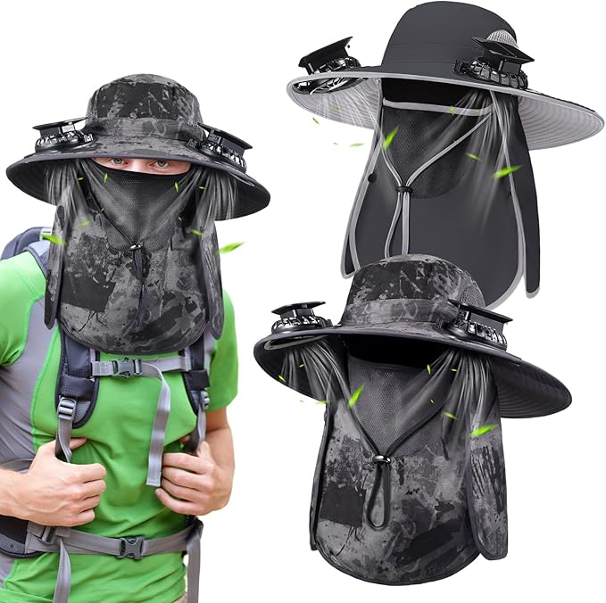 Glitopper 2 Pcs Solar Fan Hat with 2 Fan Wide Brim Removable Face Cover Cooling Fishing Buckets Hats