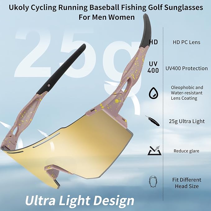 Ukoly Cycling Sunglasses for Men Women with 3 Interchangeable Lenses, Polarized Sports Sunglasses, Baseball Sunglasses