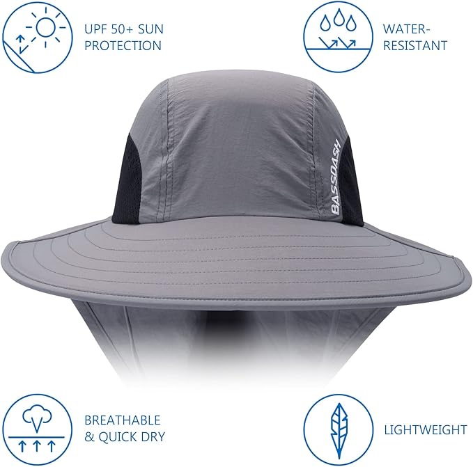 BASSDASH UPF 50+ Unisex Water Resistant Wide Brim Sun Hat with Large Neck Flap Ponytail Fishing Hat for Men Women