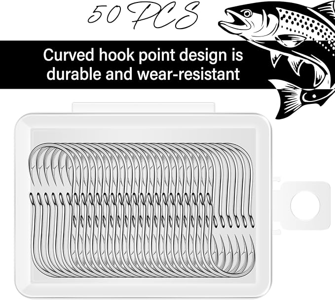 50PCS Sharp Barbed Fishing Hooks, High-Carbon Steel Ultra-Strong, Single Size with Hole for Easy Tying, Secure Portable Box Included – Ideal for Bank Fishing, Lure Fishing & All Conditions