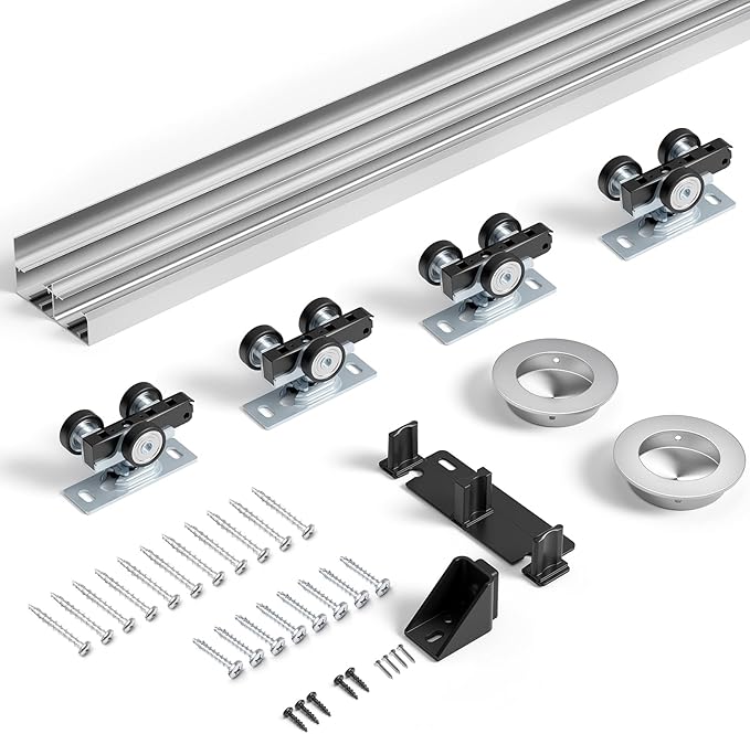 8FT Bypass Door Hardware, Closet Door Track Kit, Top-Mounted Style, Made of Heavy Duty Aluminum, Smoothly and Quietly, for 2 Doors System - Fit Min Door Panel Width of 45.5in, Silver
