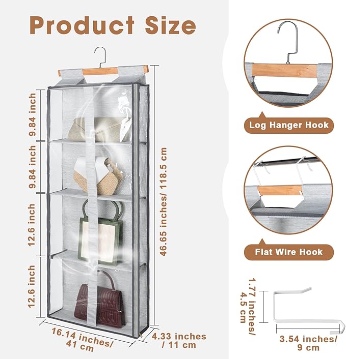 Silkfly 2 Pack Hanging Purse Organizer for Closet Clear Handbag Storage Hanger with Zipper Holder over The Door Wardrobe Tote Bag Storage Holder for Bedrooms Living Room(Gray)