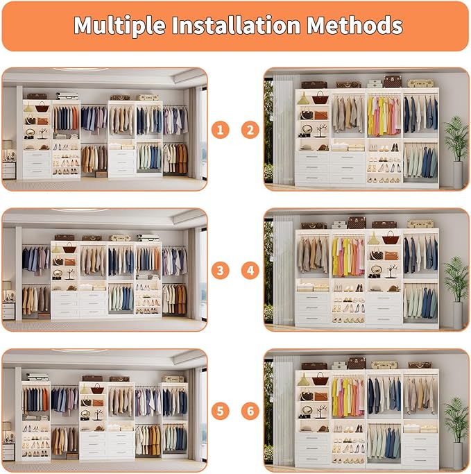 Closet System with 4 Sets, 8–21 FT Closet System with 6 Drawers, 9 Shelves & 8 Hanging Rods, Max 252″ Closet Organizer System for Walk in Closets, Modular Custom Wood Closet Kit with Shoe Racks, White