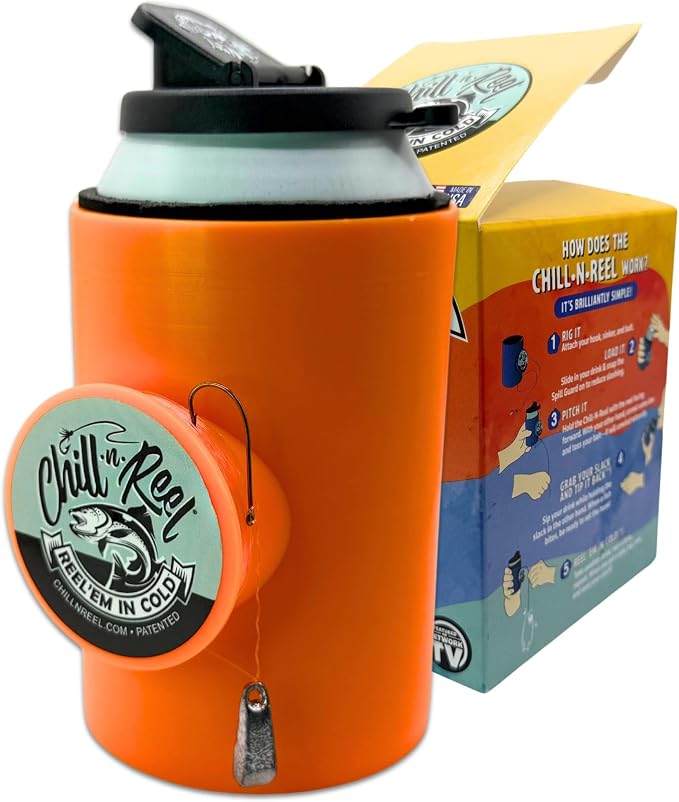 Made in USA | Fishing Can Cooler from Shark Tank | Hard Shell Drink Holder with Hand Line Reel | Fits Most Can Sleeves or Coozies | Unique Fishing Gift for Men | Retail Box Packaging | Orange