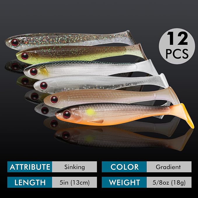 TRUSCEND Shadtale Easy Catch Soft Fishing Lures, Unique Vibration and Action for Various Rigs, Paddle Tail Swimbaits Trailer for Bass, Trout, Crappie, Walleye, Redfish, Saltwater & Freshwater Fishing