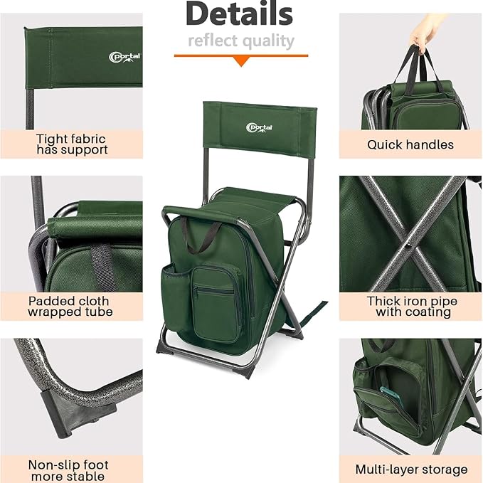 Portal Backpack Cooler Chair 2 Pack Fishing Chairs with Backrest Folding Camping Stool Compact for Outdoors Hiking Hunting Travel, Supports 225 lbs Capacity