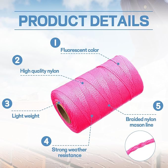 Amylove 6 Roll Mason String Line #18, 500 ft Nylon Braided Construction String Line, Heavy Duty Outdoor Twine Rope for Gardening or Masonry Tools Construction DIY Project, Fluorescent Pink