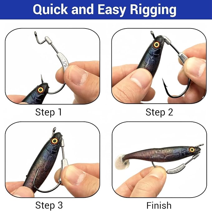 20Pcs Weighted Bass Fishing Hooks Set, Customized Swimbait Hooks Wide Gap Weedless Worm Fish Hook with Molded Bait Keeper 1/0 2/0 3/0 4/0