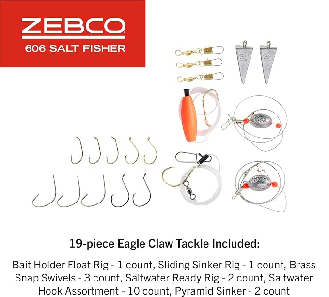 Zebco 606 Salt Fisher Spincast Reel and Fishing Rod Combo, 7-Foot 2-Piece Telescopic Rod, Size 60 Reel, 19-Piece Eagle Claw Tackle Kit