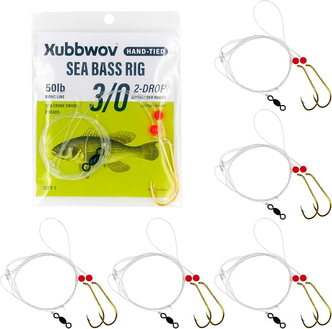 Sea Bass Rigs, Hand-Tied 6-Pack Hi-Lo Saltwater Fishing Rigs with 2/0 & 3/0 Gold Baitholder Hooks, 50lb Mono Leader, Sinker Loop & 97lb Swivel for Porgy, Fluke, Tautog and Bottom Fishing