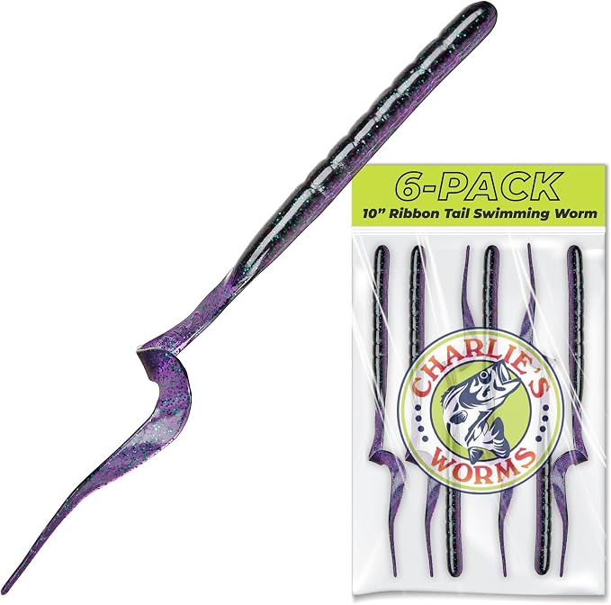 Charlie's Worms 10" Ribbon Tail Soft Plastic Worms for Bass Fishing, Freshwater & Saltwater Lures, Scented Swim Bait, Texas Rigged, Weedless, Large & Smallmouth, White Firetail, 6-Pack