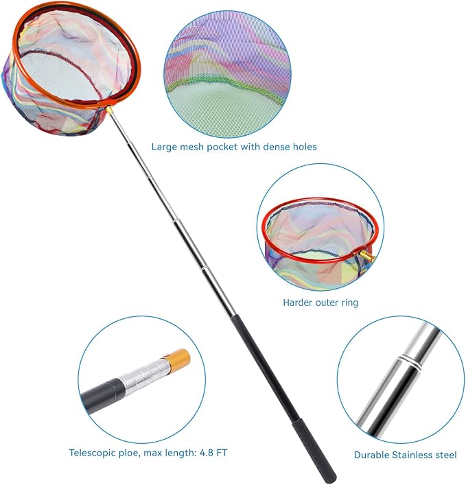 2PCS Fishing Net with Bucket, Telescopic Fishing Landing Net, Collapsible Youth Sand Bucket, Youth Fish Butterfly Catching for Freshwater Saltwater Outdoor Activities