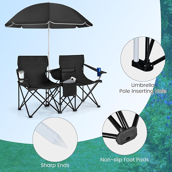 Tangkula Double Camping Chairs with Umbrella, Portable 2 Seat Folding Camp Chair with Cooler Bag, Beverage Holder, Carrying Bag, Foldable Lawn Chair for Outside, Fishing, Picnic, Beach