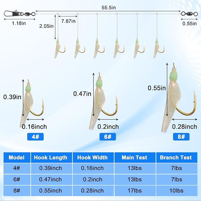 OROOTL Fishing Bait Rigs Saltwater, 6 Packs Surf Fishing Rigs with Sharp Hooks Fish Skin Feather Swivel Snap Glow Saltwater Lures Sea Bass Cod Herring Hook Rig Size 4 6 8
