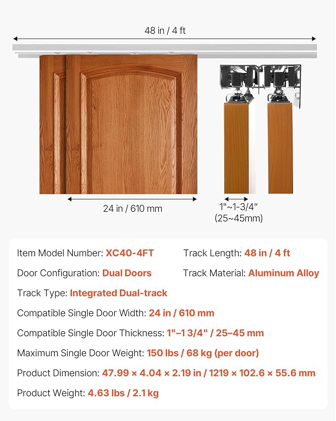 VEVOR Bypass Sliding Door Hardware Kit, 4 ft Aluminum Alloy Dual-Track Bypass Door Hardware, Smooth and Quiet Sliding, Easy to Install, for 1" to 1 3/4" Thickness 24" Width 2 Door System, for Closet