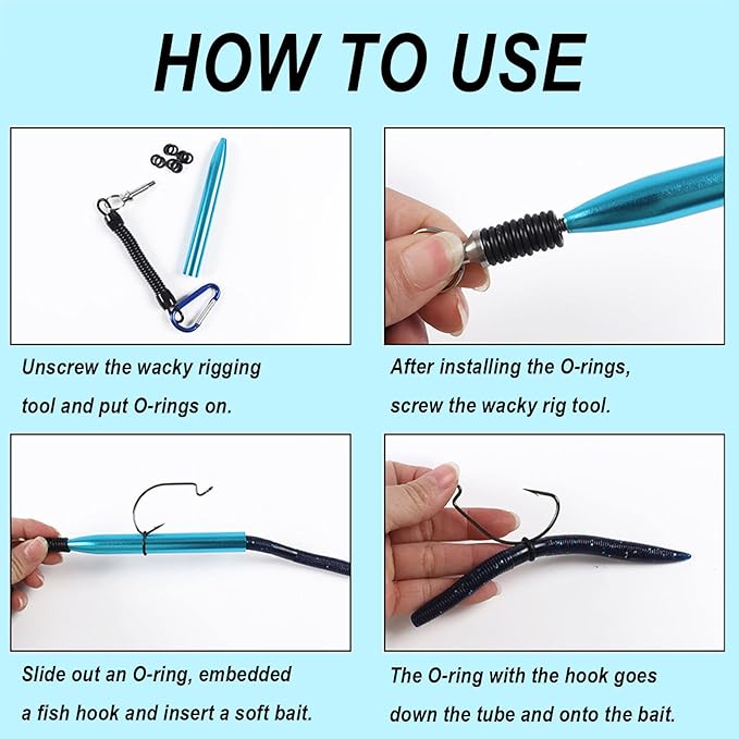Wacky Rig Tool with Fishing O-Rings, Wacky Worm Rigging Tool Kit for Senko, Fishing Ring Rigging Tools for Clip Soft Baits Worms with Keychain Lanyard Fishing Bait Rigs