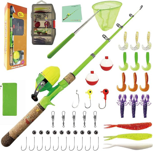 Kids Rod Set, Kids Fishing Rod and Reel Combo and Fishing Net Tackle Box with Fishing Lure Hook and Bag for Girls Beginners, Kids, Youth Anglers