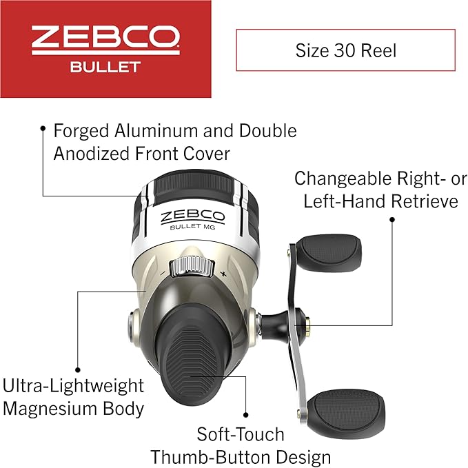 Zebco Bullet MG Spincast Reel and Fishing Rod Combo, IM8 Graphite Rod with MaxTac Grip Rod Handle, Fastest Spincast Reel Ever in an Ultra-Lightweight Magnesium Body, Dark Silver