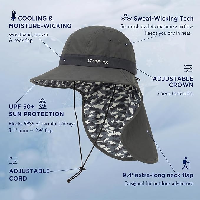 TOP-EX Cooling Sun Hat with Neck Flap – UPF 50+ Wide Brim Breathable Hat for Hiking, Fishing & Big Heads